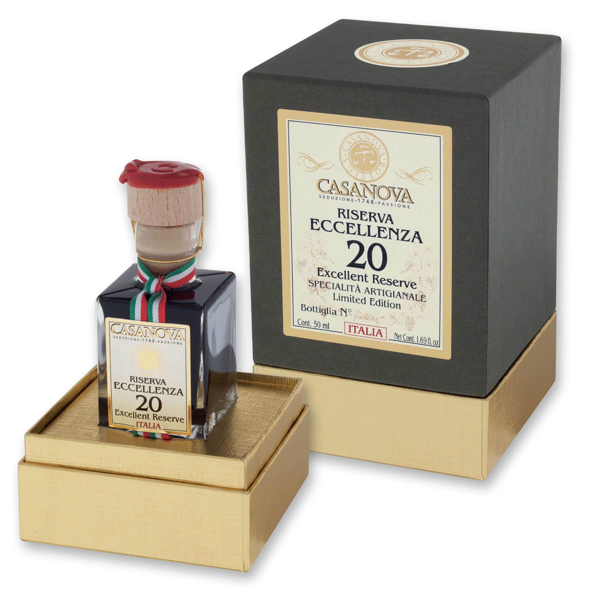 Riserva Eccellenza Condimento Balsamico Qualità 20 50 ml Casanova, bottiglia con confezione regalo.