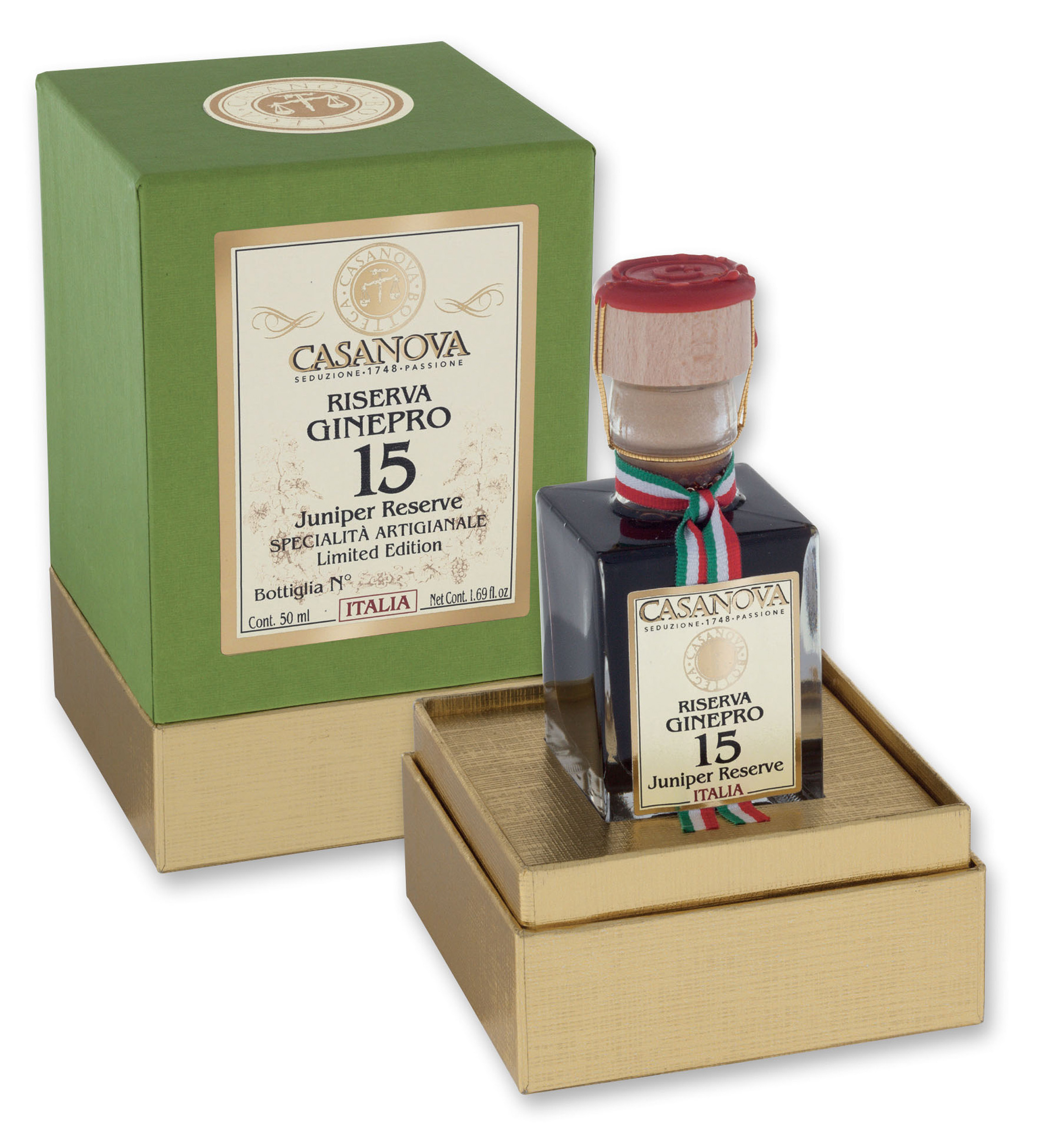 Riserva Ginepro Condimento Balsamico Qualità 15 50 ml Casanova, bottiglia con confezione regalo.