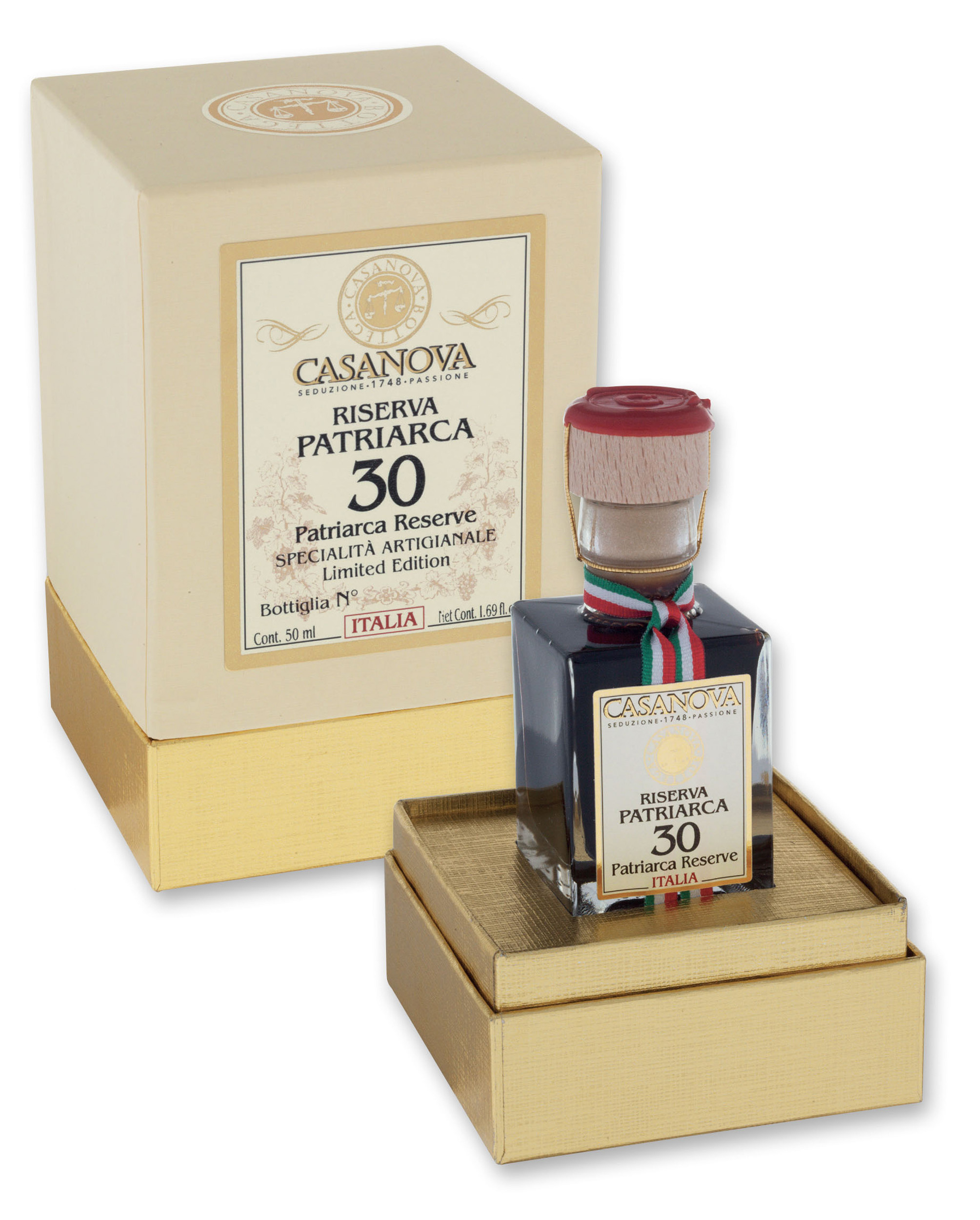 Riserva Patriarca Condimento Balsamico Qualità 30 50 ml Casanova, bottiglia con confezione regalo.