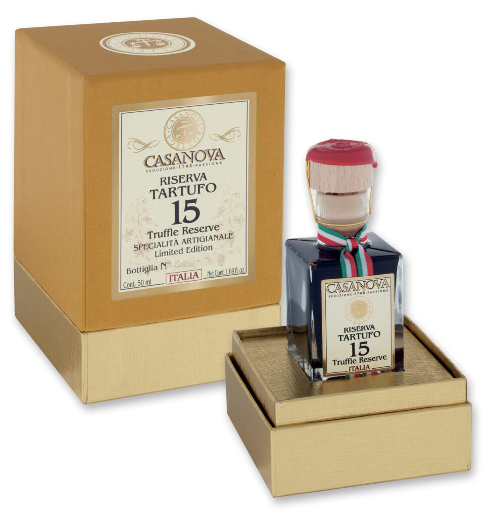 Riserva Tartufo Condimento Balsamico Qualità 15 50 ml Casanova, bottiglia con confezione regalo.