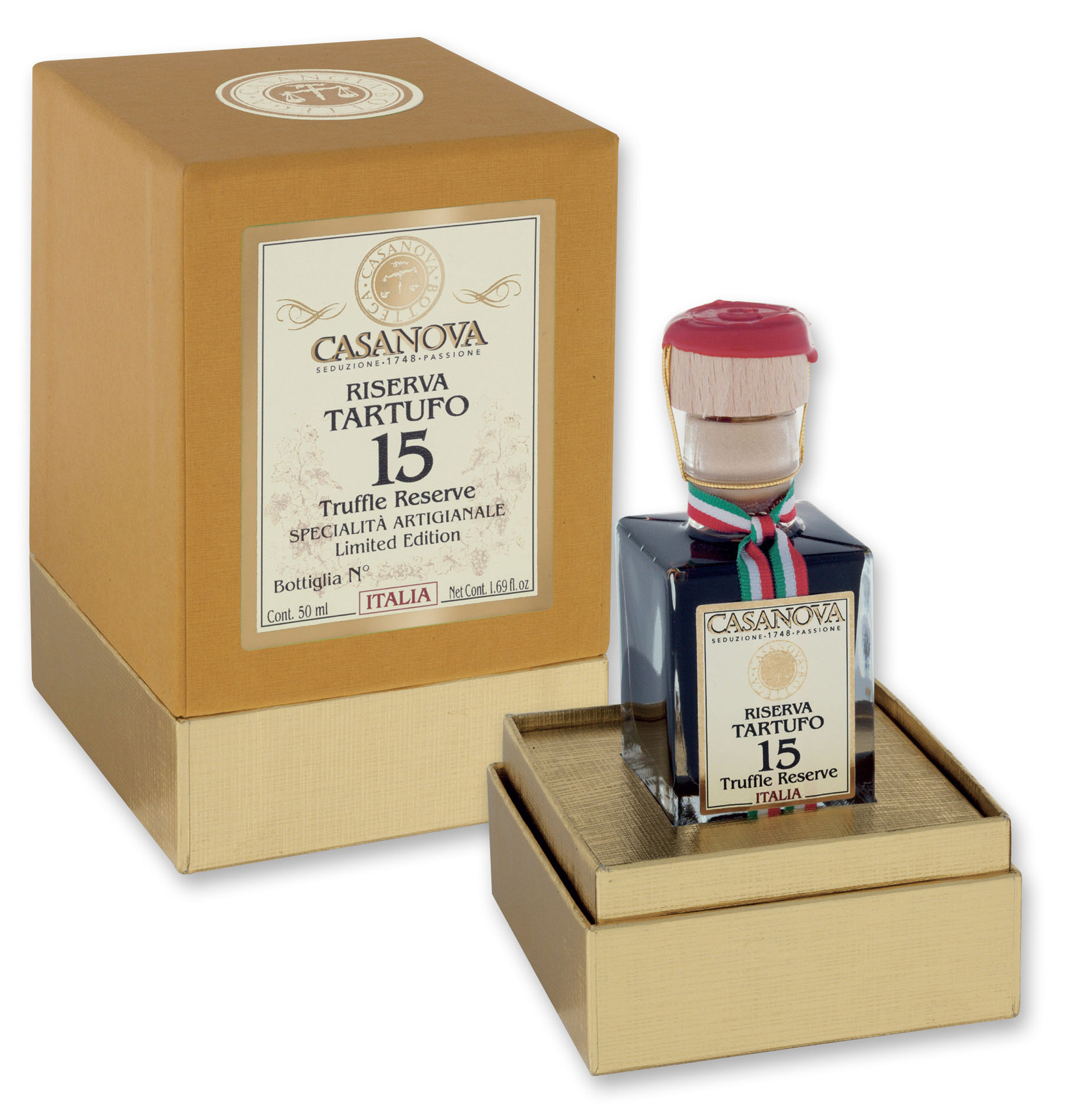 Riserva Tartufo Condimento Balsamico Qualità 15 50 ml Casanova, bottiglia con confezione regalo.