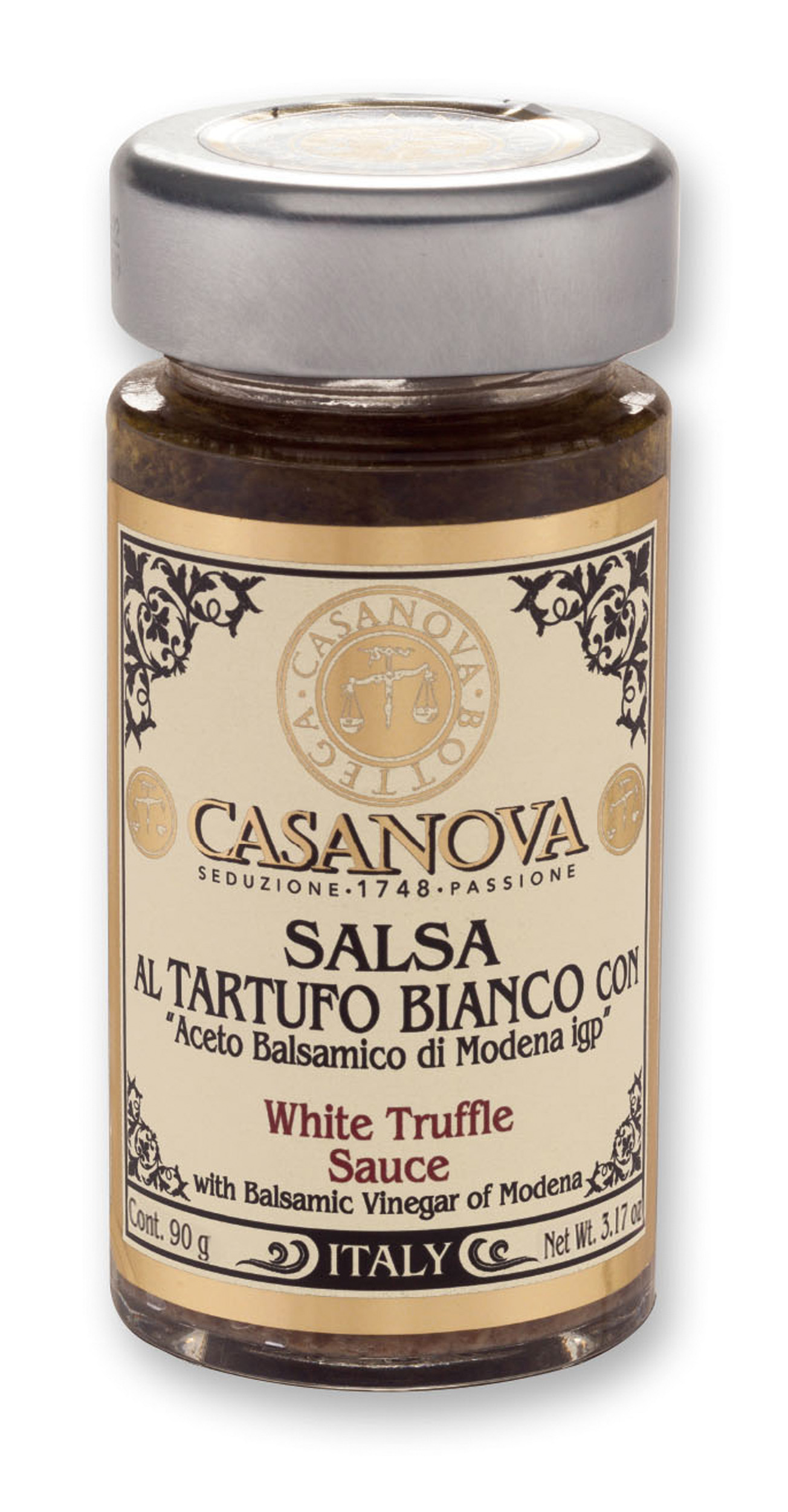 Salsa al Tartufo Bianco con Aceto Balsamico di Modena IGP 90 g Casanova, vasetto in vetro.