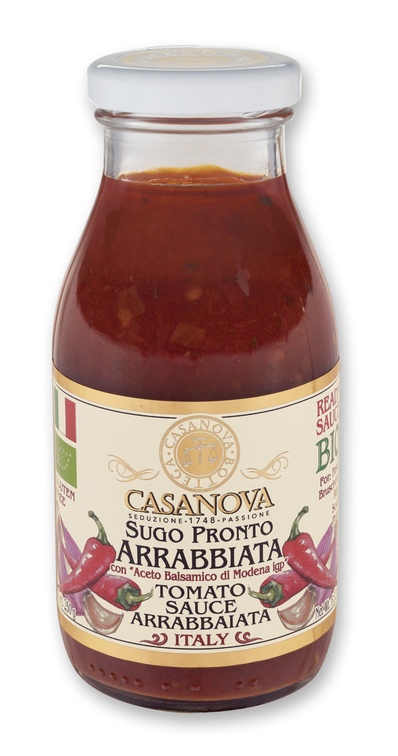 Organic Tomato Sauce Arrabbiata with Balsamic Vinegar of Modena PGI 250 g Casanova, glass jar.