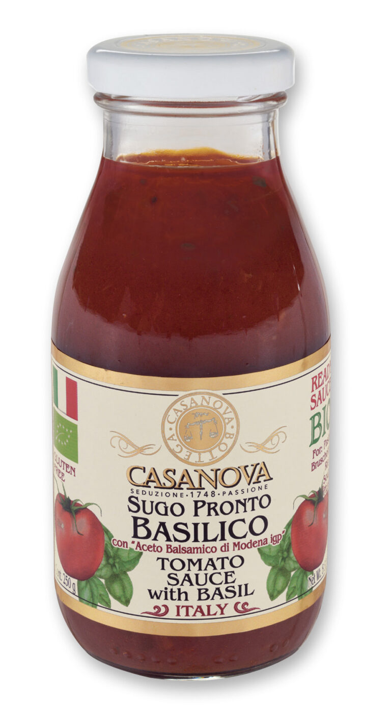 Organic Tomato sauce with Basil and Balsamic Vinegar of Modena PGI 250 g Casanova, glass jar.