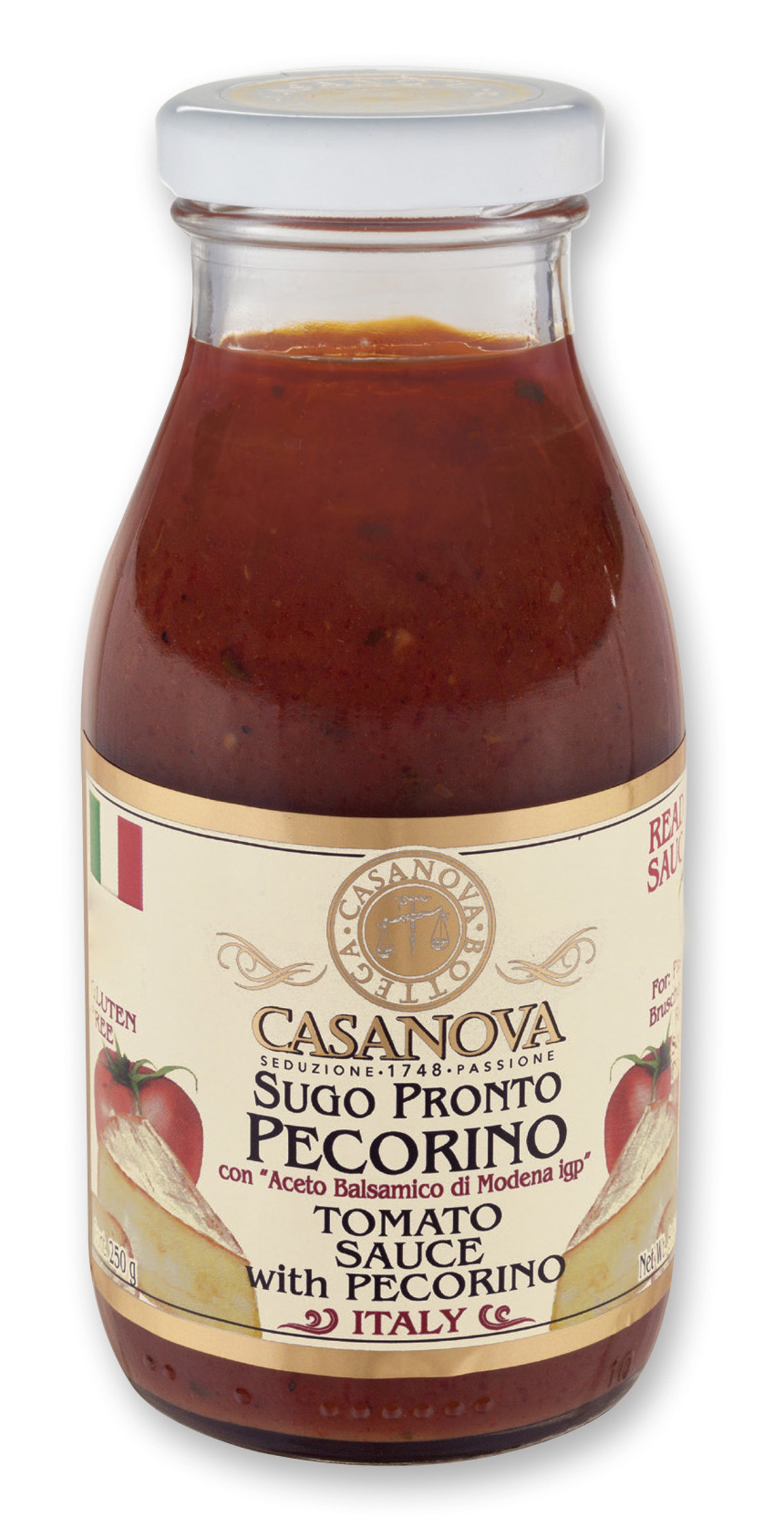 Tomato Sauce with Pecorino and Balsamic Vinegar of Modena PGI 250 g Casanova, glass jar.