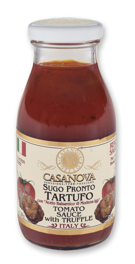Tomato Sauce with Truffle and Balsamic Vinegar of Modena PGI 250 g Casanova, glass jar.
