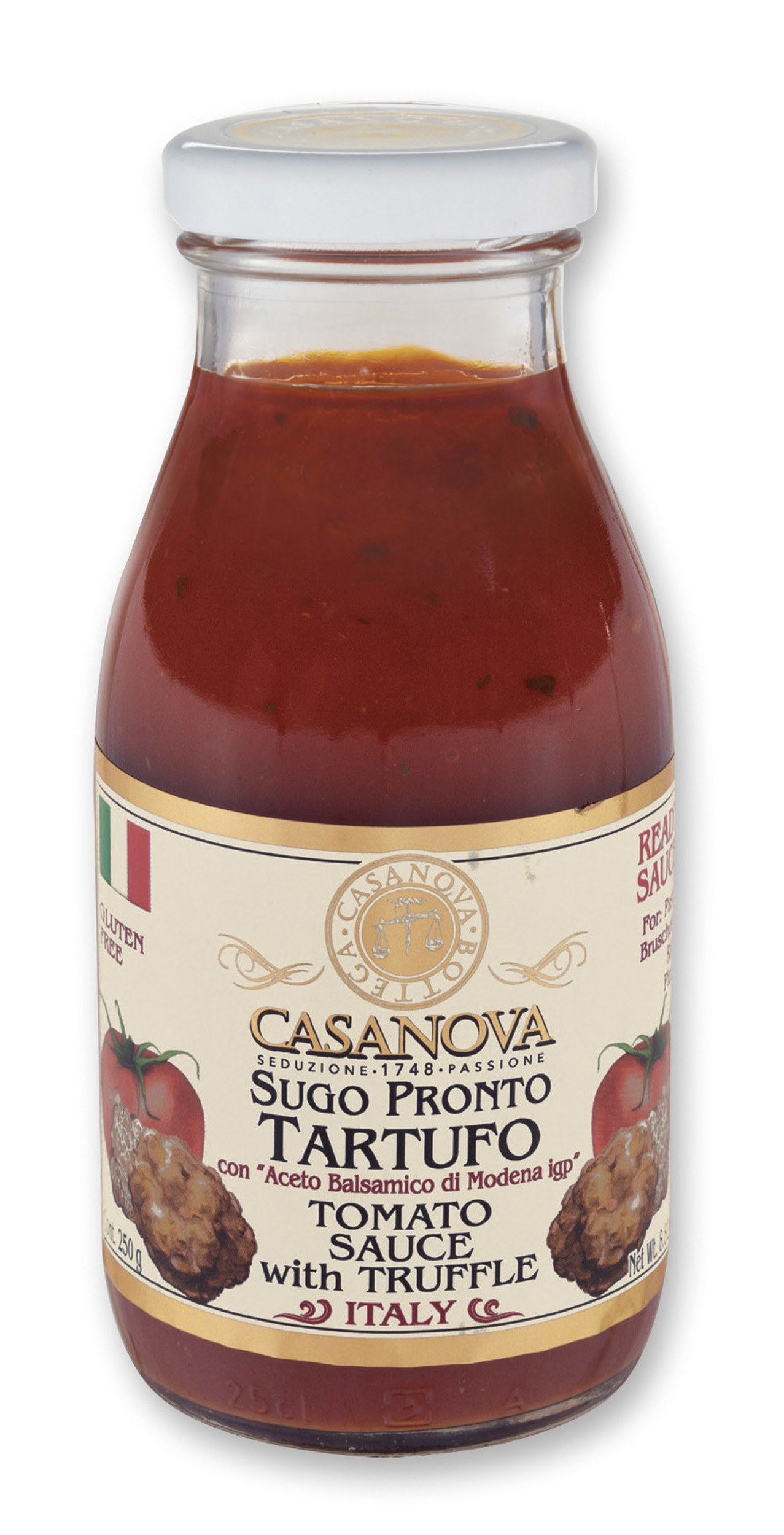 Tomato Sauce with Truffle and Balsamic Vinegar of Modena PGI 250 g Casanova, glass jar.