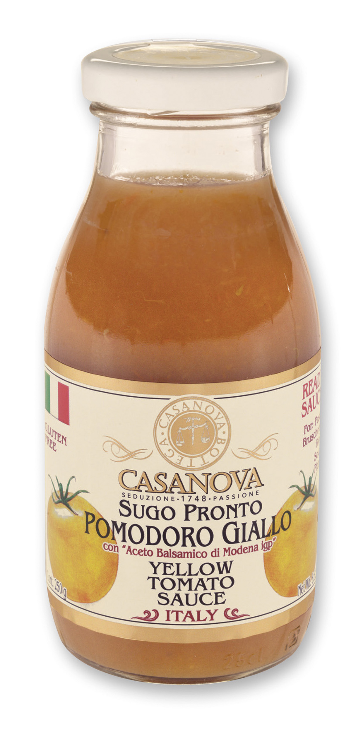 Yellow Tomato Sauce with Balsamic Vinegar of Modena PGI 250 g Casanova, glass jar.