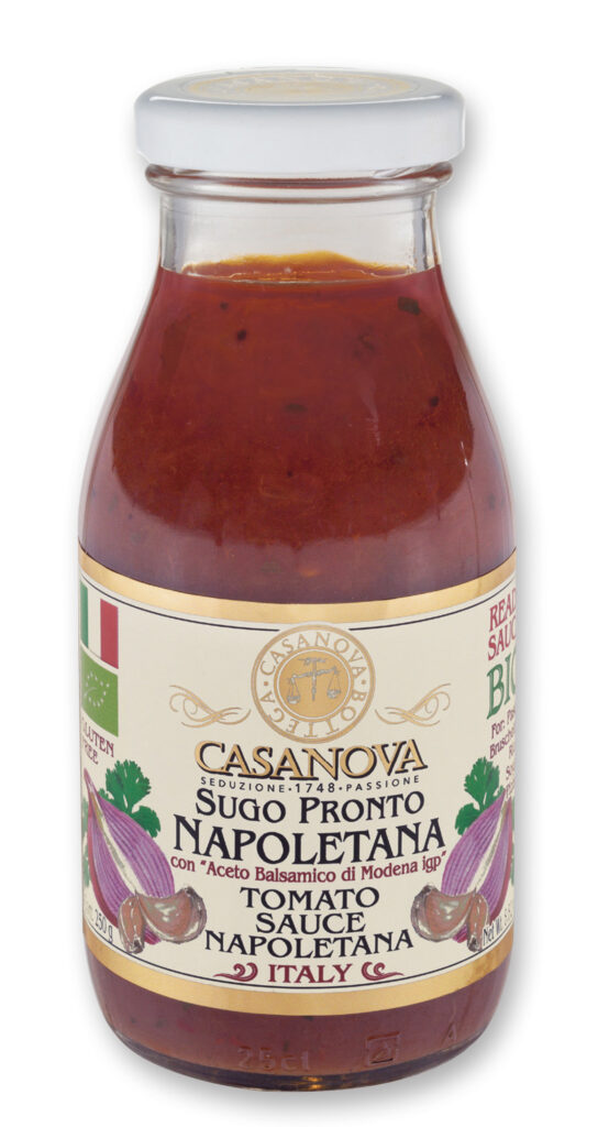 Organic Tomato Sauce Napoletana with Balsamic Vinegar of Modena PGI 250 g Casanova, glass jar.