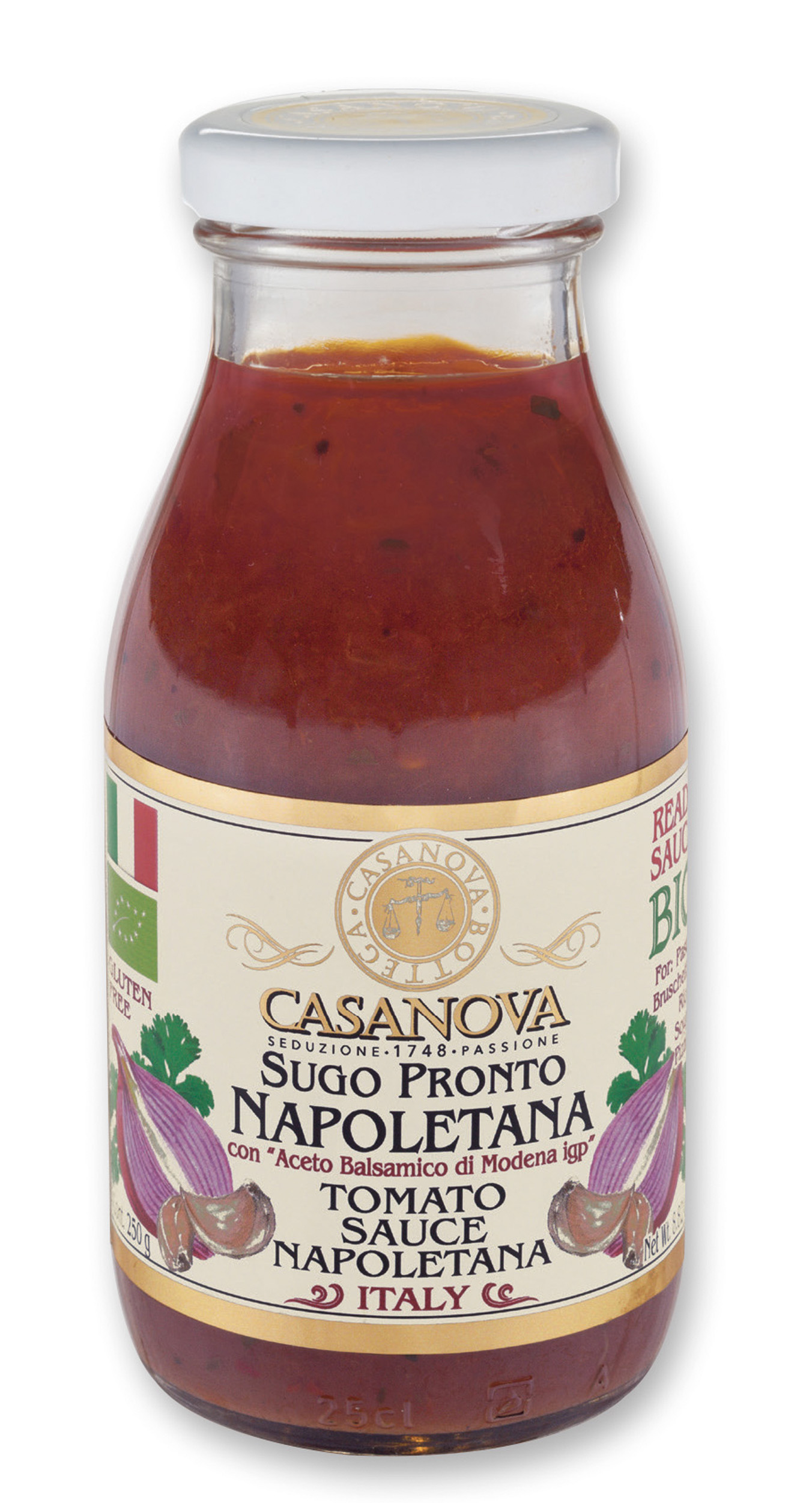 Organic Tomato Sauce Napoletana with Balsamic Vinegar of Modena PGI 250 g Casanova, glass jar.