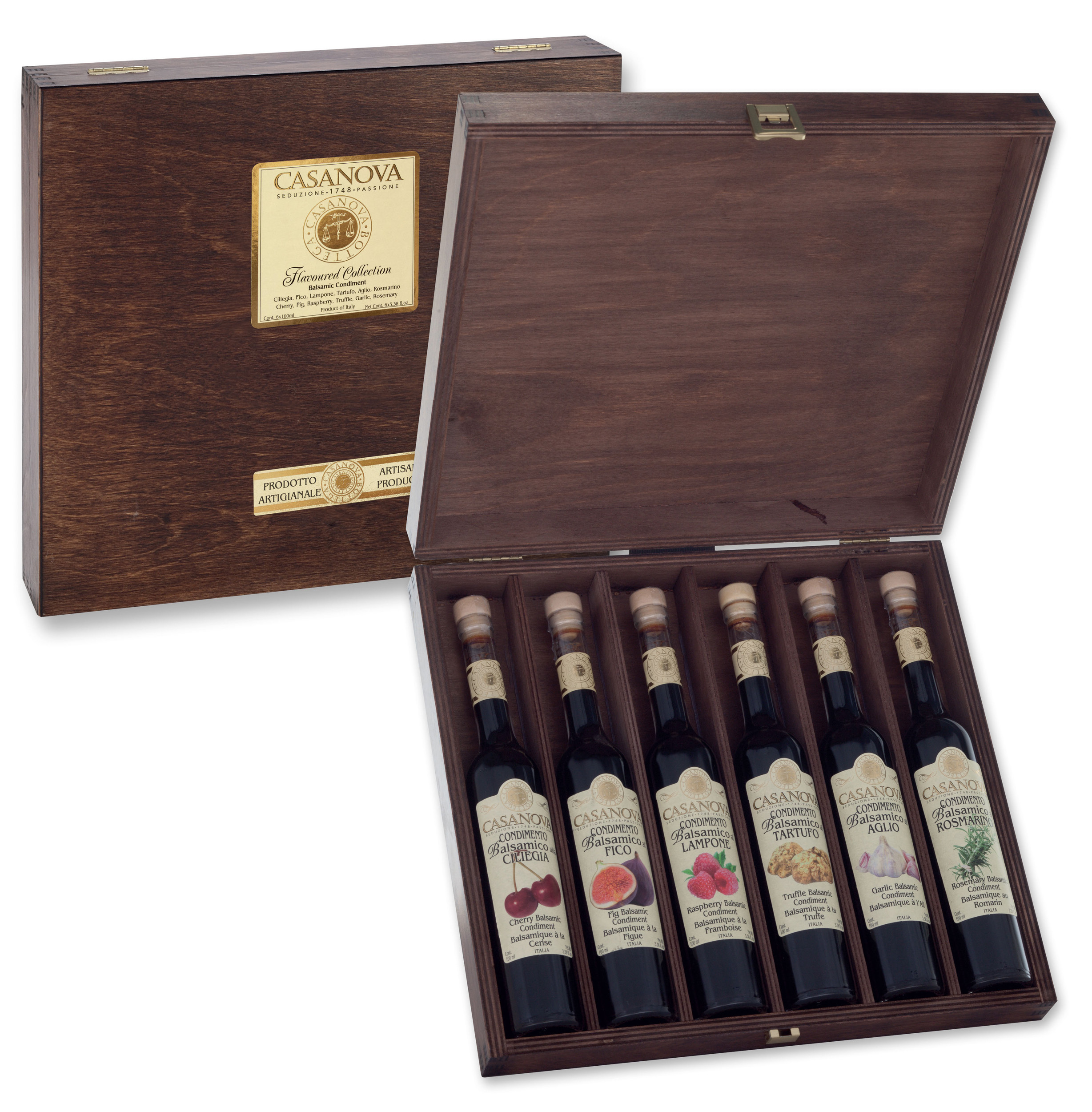 Sestetto Collezione Aromi 6x100 ml Casanova, cofanetto in legno con sei bottiglie.