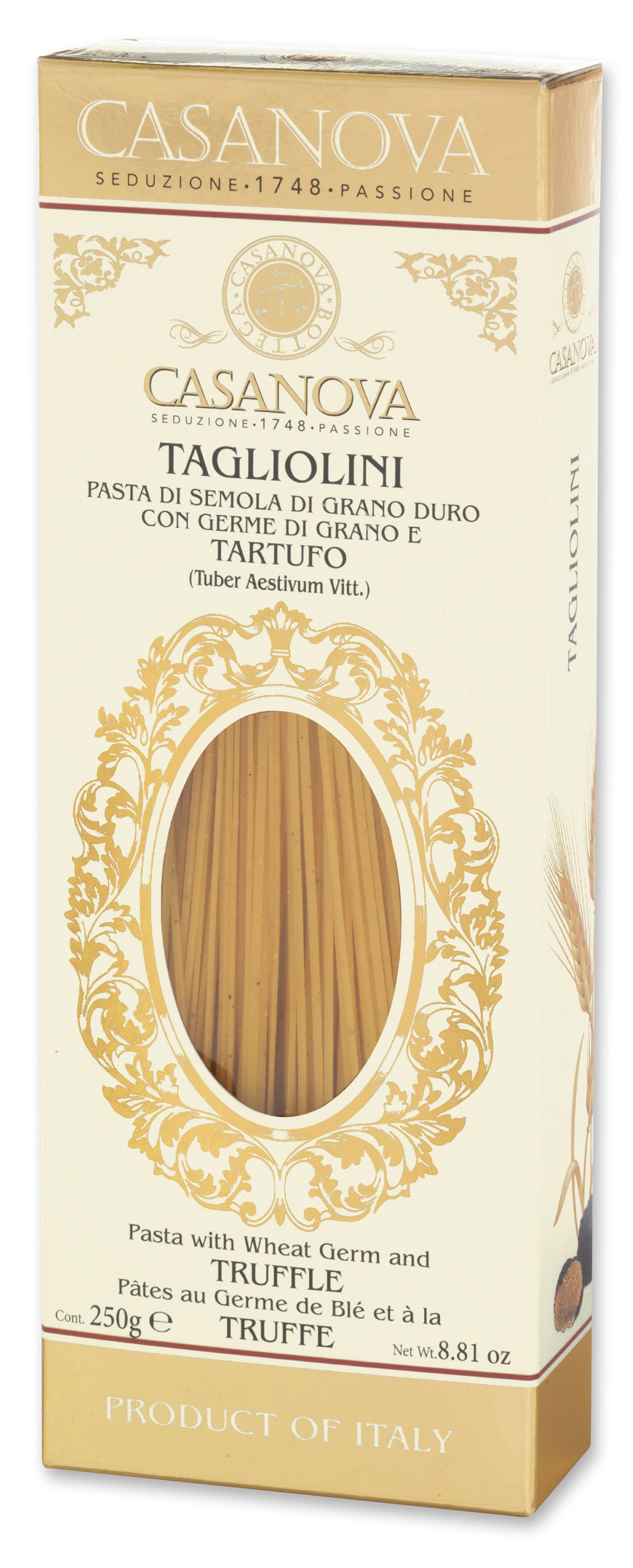 Tagliolini al tartufo 250 g Casanova, confezione di pasta con finestra trasparente.