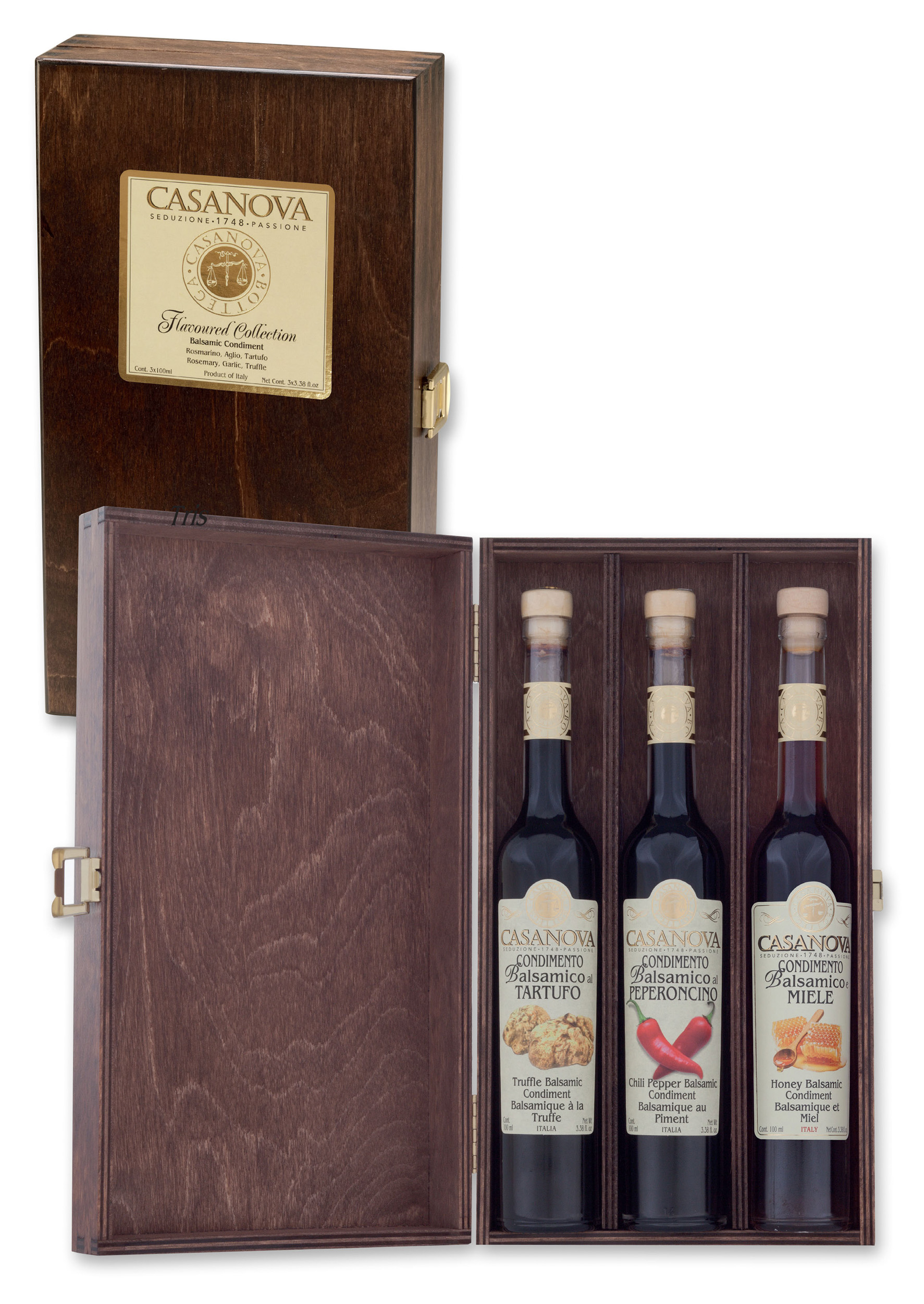 Tris Collezione Aromi 3x100 ml Casanova, cofanetto in legno con tre bottiglie.