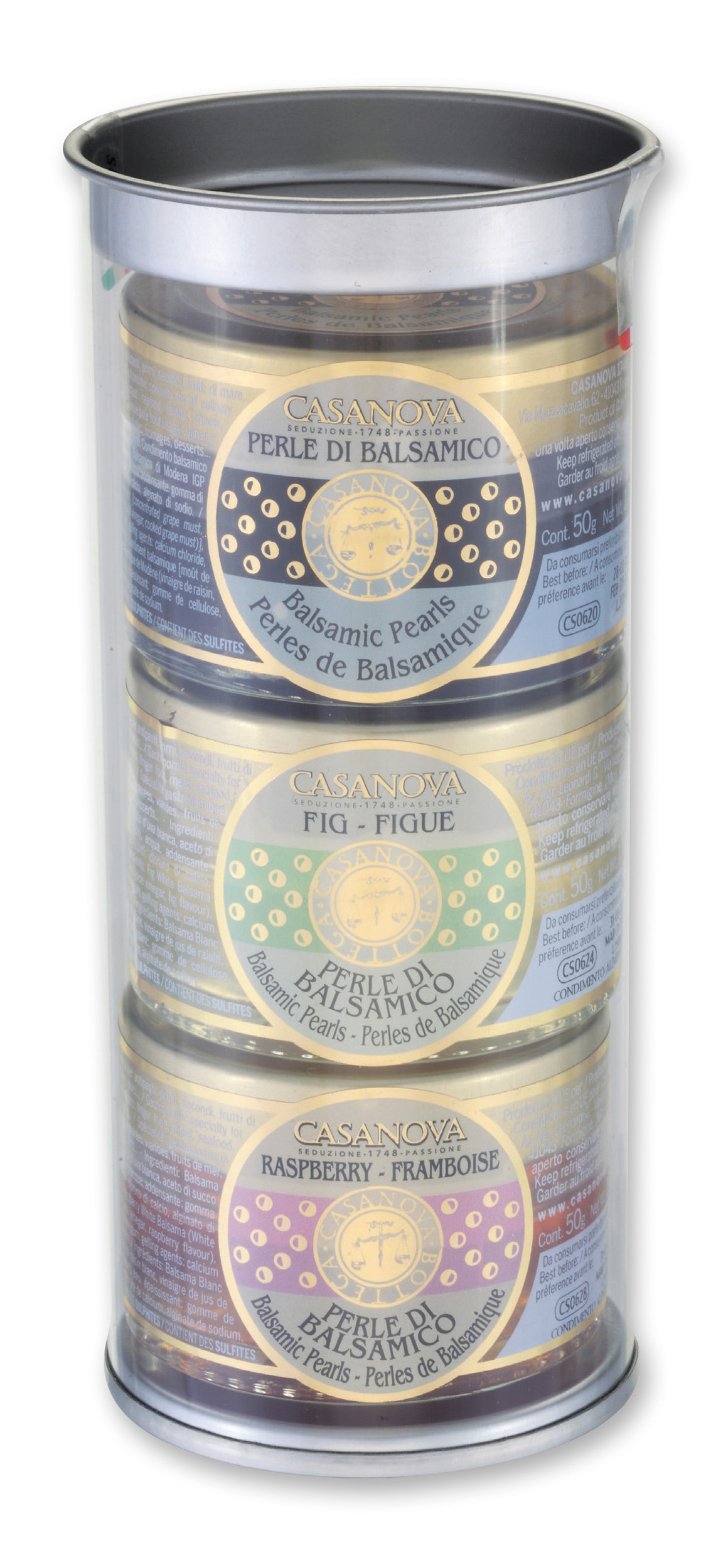 Tris di Perle: Balsamico - Fico - Lampone 3x50 g Casanova, confezione cilindrica con tre vasetti.