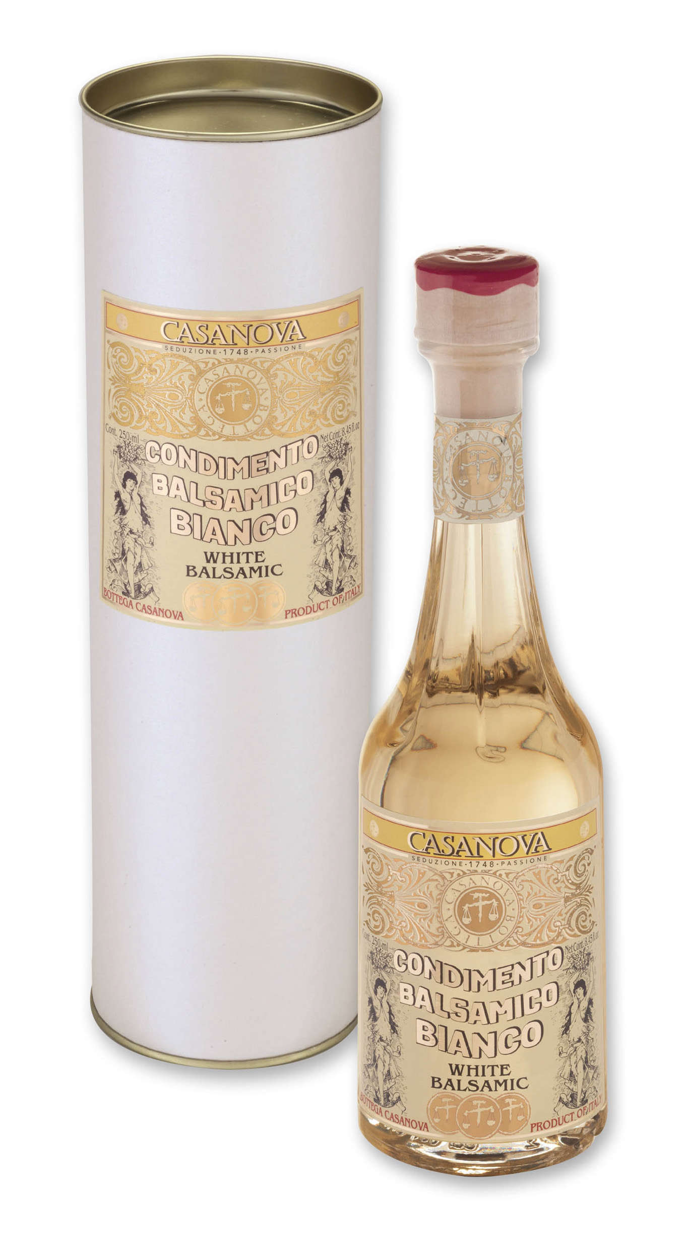 Vintage Condimento Balsamico Bianco 250 ml Casanova, bottiglia con confezione cilindrica.