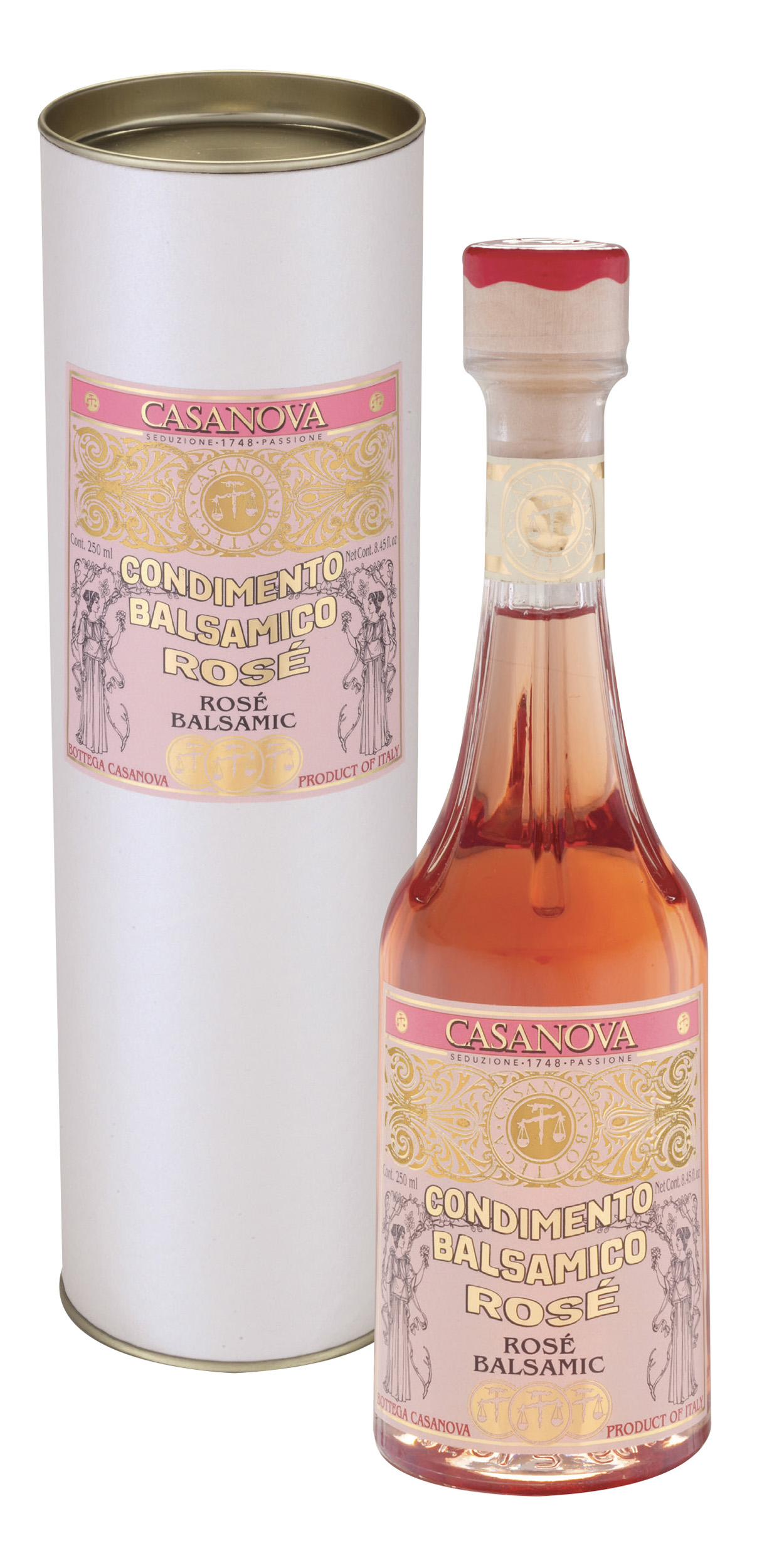 Vintage Condimento Balsamico Rosé 250 ml Casanova, bottiglia con confezione cilindrica.