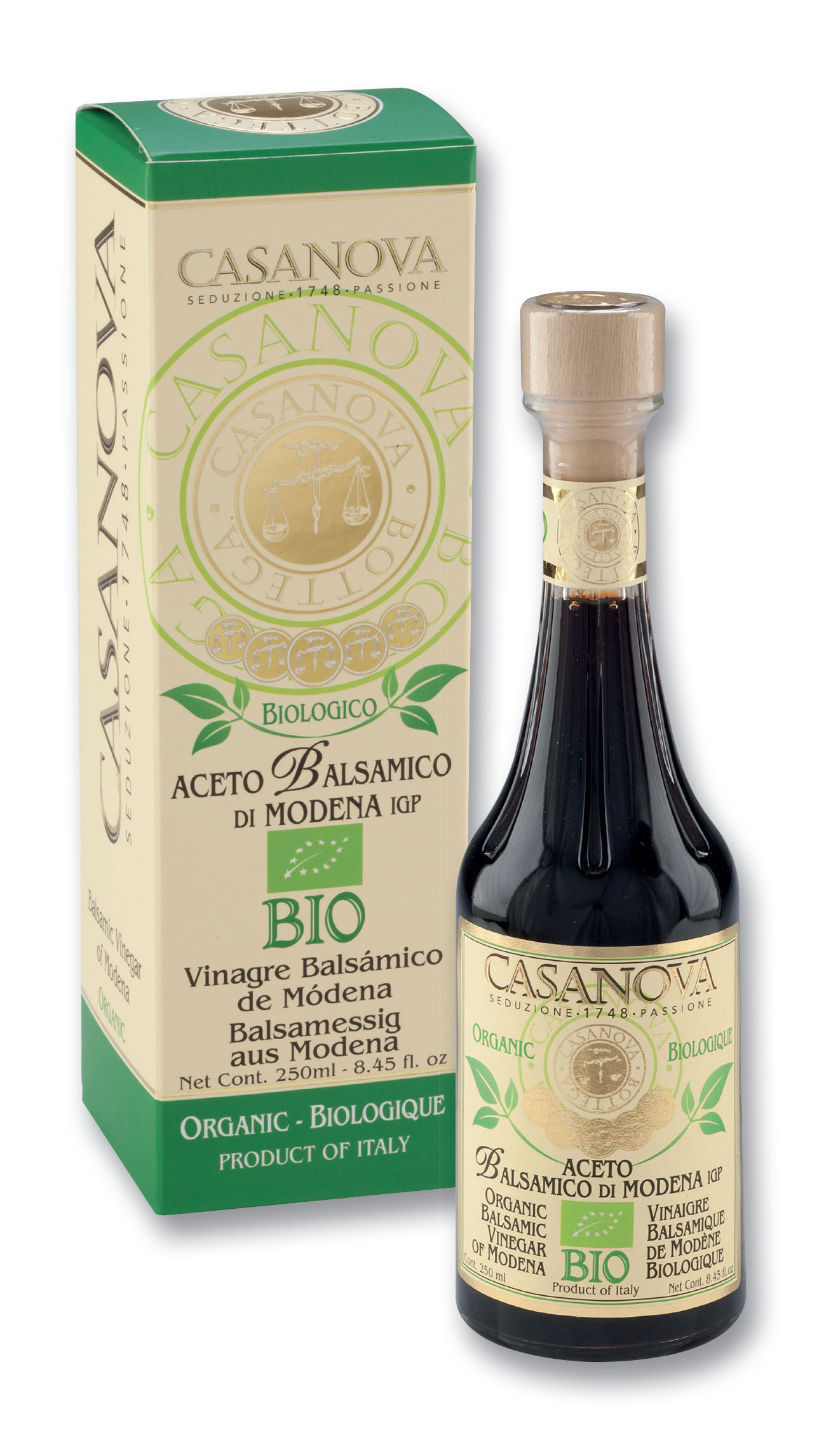 Aceto Balsamico di Modena IGP BIO Qualità 10 250 ml Casanova, bottiglia con astuccio.