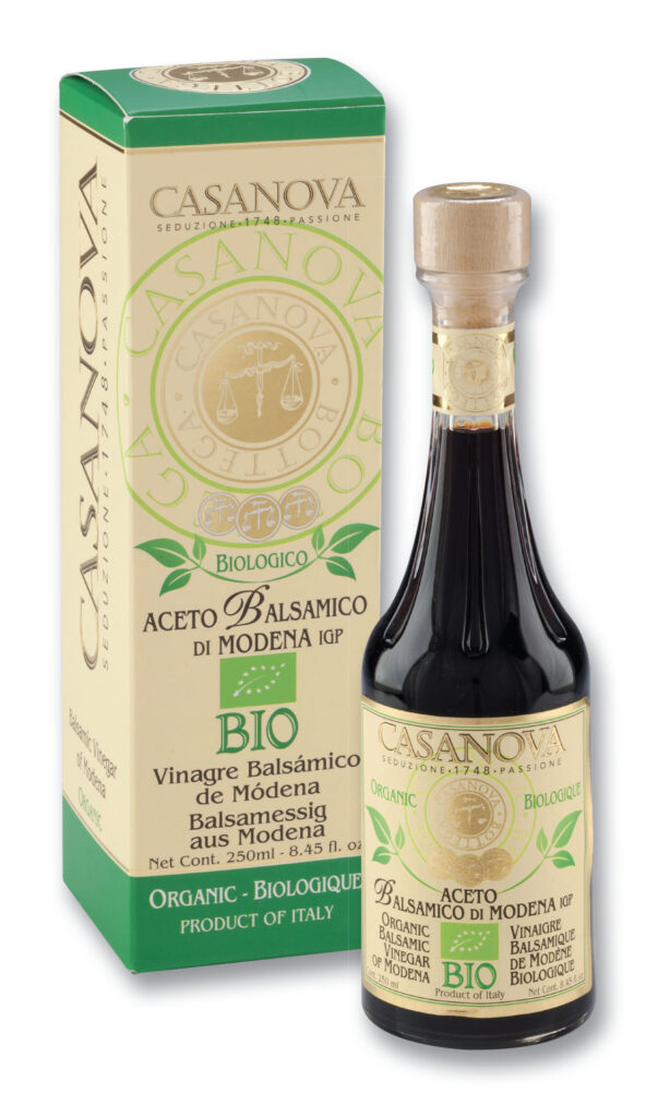 Aceto Balsamico di Modena IGP BIO Qualità 6 250 ml Casanova, bottiglia con astuccio.
