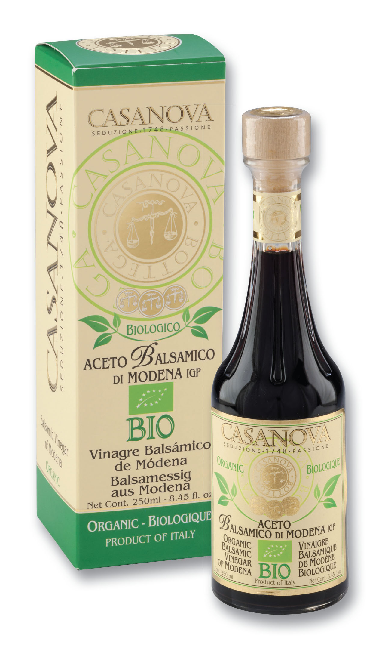 Aceto Balsamico di Modena IGP BIO Qualità 6 250 ml Casanova, bottiglia con astuccio.