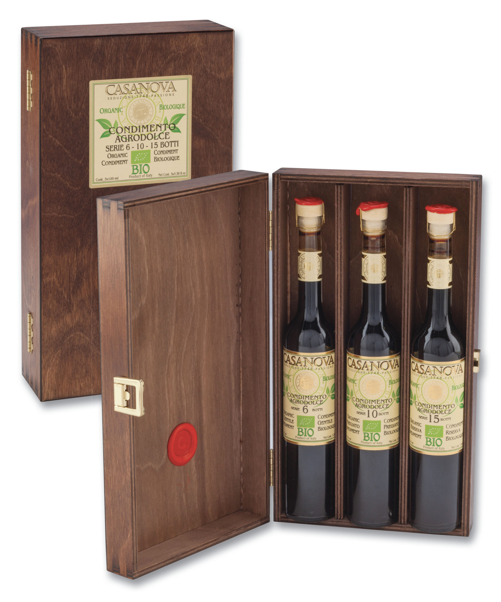 Condimento Agrodolce Bio Collection Wood BIO 3x100 ml Casanova, cofanetto in legno con tre bottiglie.