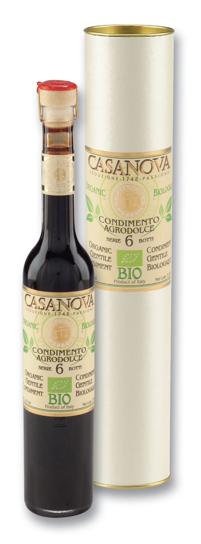 Condimento Agrodolce Bio Gentile 6 Botti 100 ml Casanova, bottiglia con confezione cilindrica.