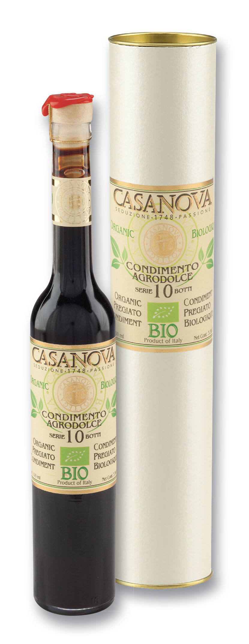 Condimento Agrodolce Bio Pregiato 10 Botti 100 ml Casanova, bottiglia con confezione cilindrica.