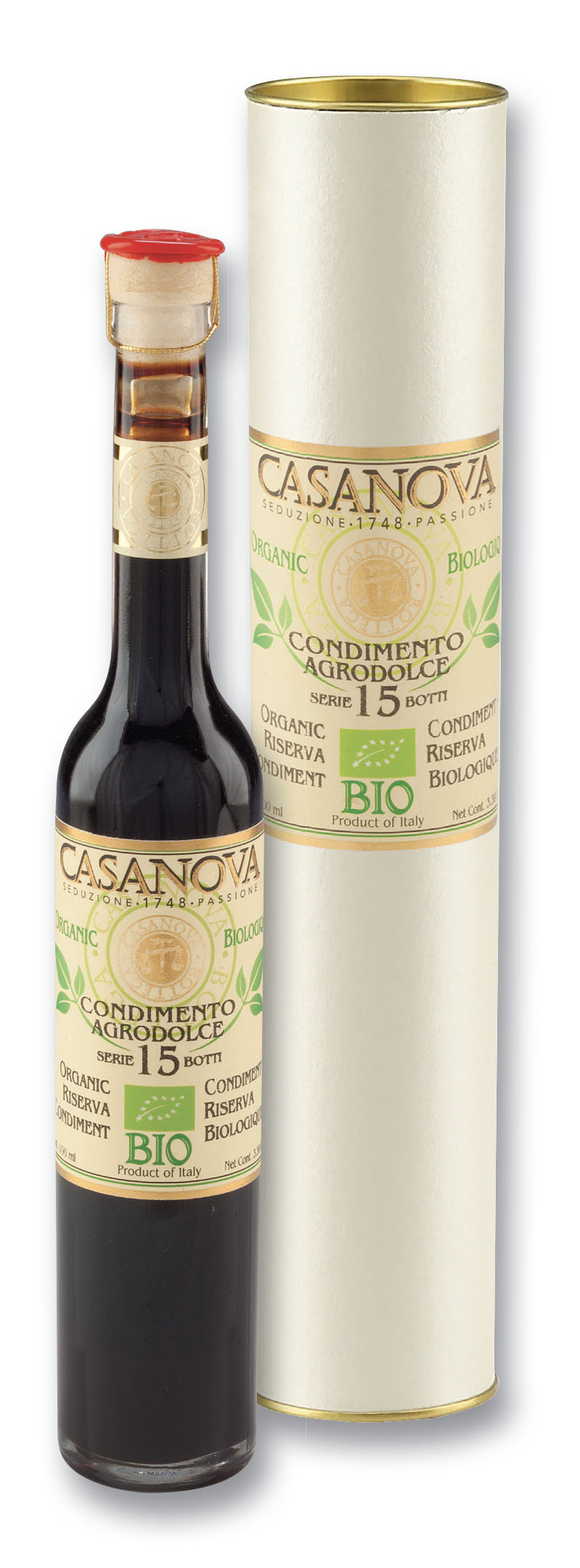 Condimento Agrodolce Bio Riserva 15 Botti 100 ml Casanova, bottiglia con confezione cilindrica.